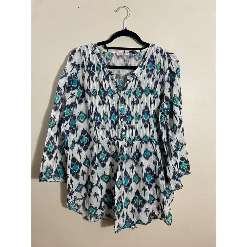 Calypso St Barth Women’s Size Large Fit Flare Blouse White Turquoise Tie Waist - Picture 5 of 8